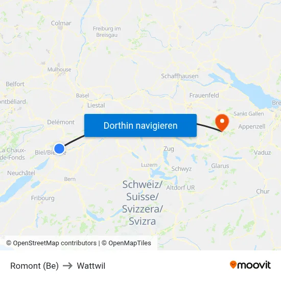 Romont (Be) to Wattwil map