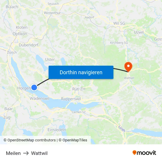 Meilen to Wattwil map