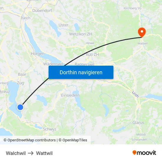 Walchwil to Wattwil map