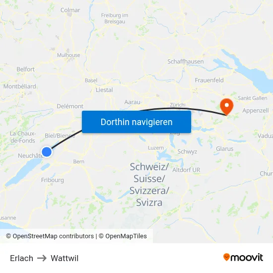 Erlach to Wattwil map