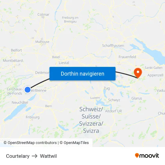 Courtelary to Wattwil map