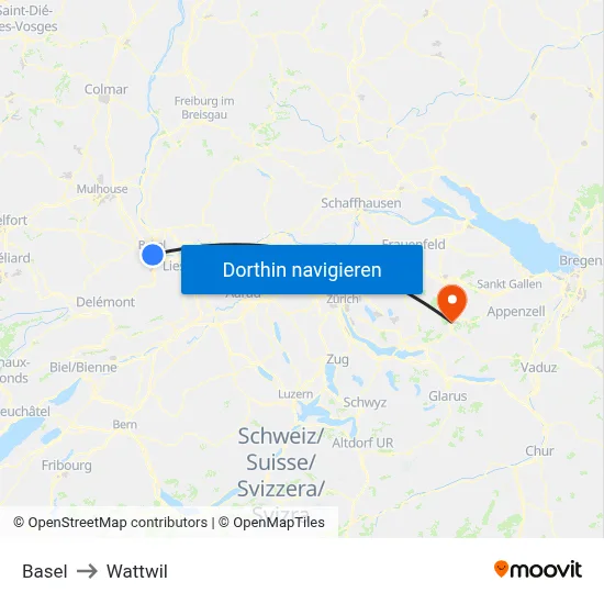 Basel to Wattwil map