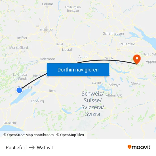 Rochefort to Wattwil map