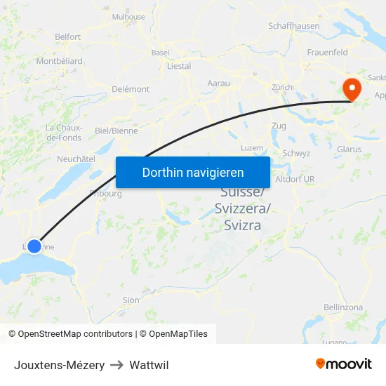 Jouxtens-Mézery to Wattwil map