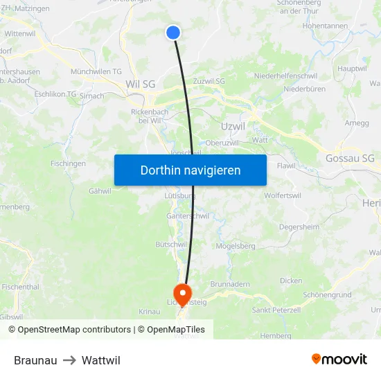 Braunau to Wattwil map