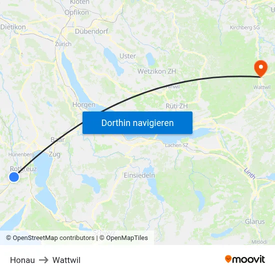 Honau to Wattwil map