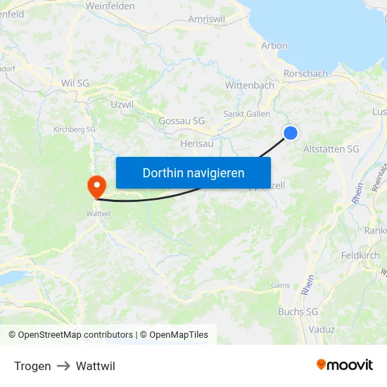 Trogen to Wattwil map