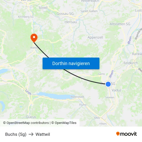Buchs (Sg) to Wattwil map