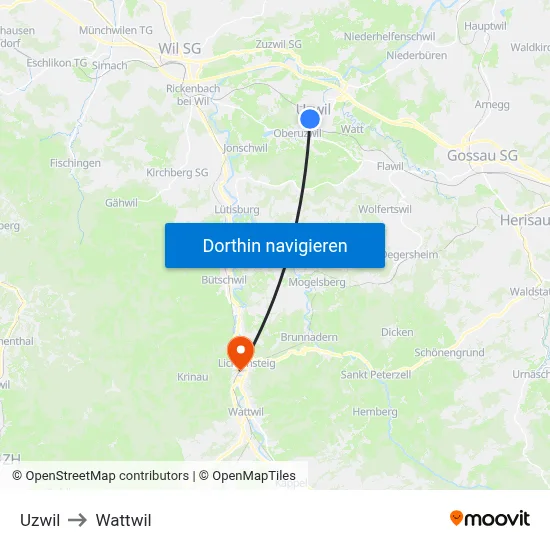 Uzwil to Wattwil map