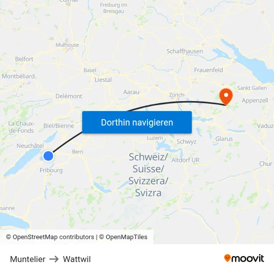 Muntelier to Wattwil map