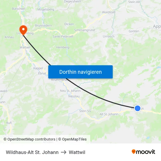 Wildhaus-Alt St. Johann to Wattwil map