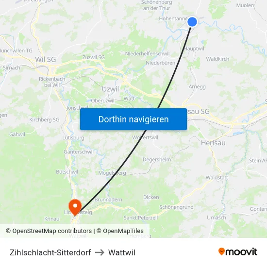 Zihlschlacht-Sitterdorf to Wattwil map