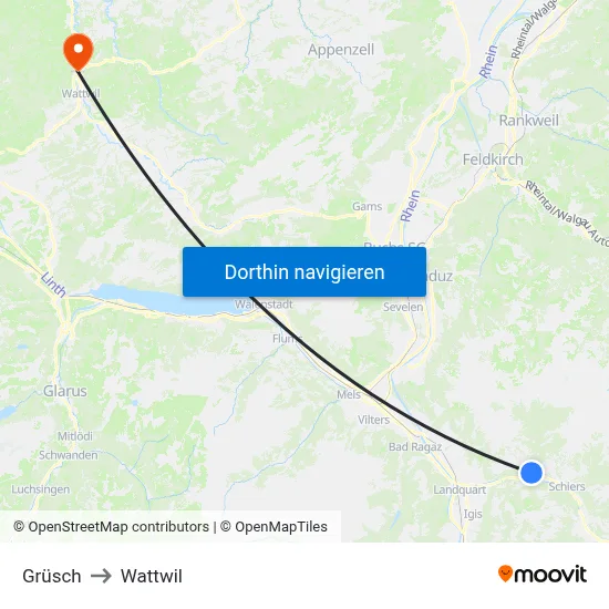 Grüsch to Wattwil map