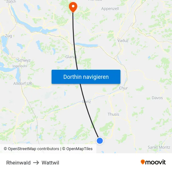 Rheinwald to Wattwil map