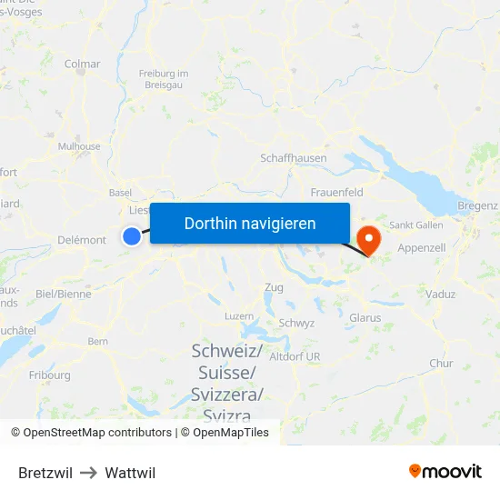 Bretzwil to Wattwil map