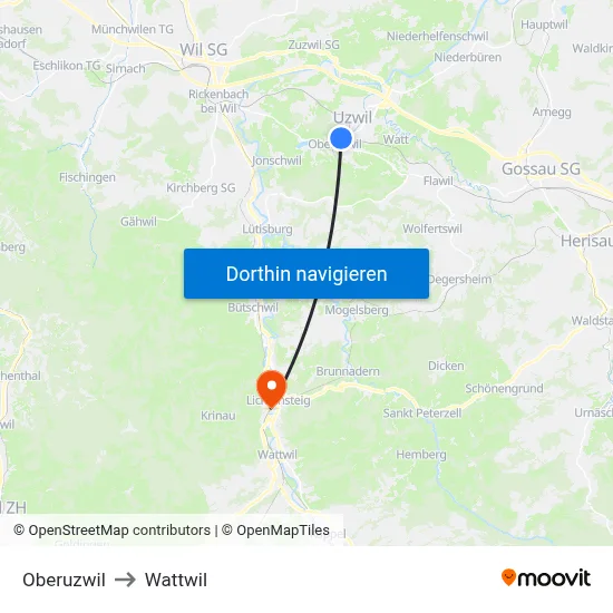 Oberuzwil to Wattwil map