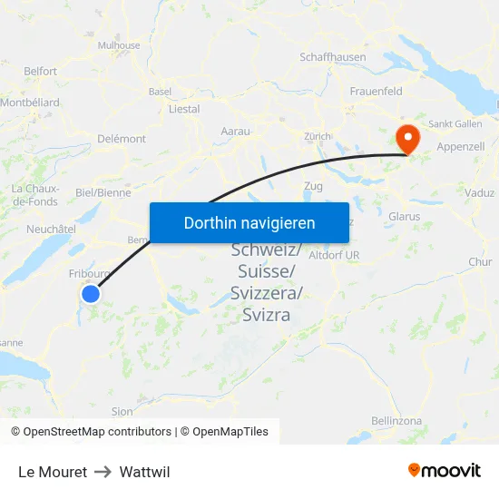 Le Mouret to Wattwil map