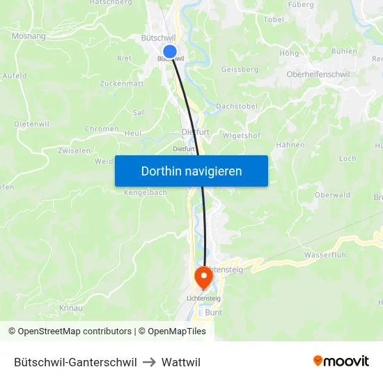 Bütschwil-Ganterschwil to Wattwil map