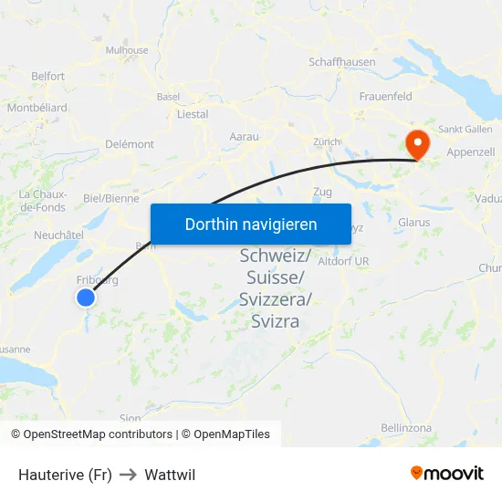 Hauterive (Fr) to Wattwil map