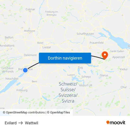 Evilard to Wattwil map