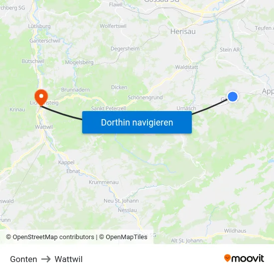 Gonten to Wattwil map