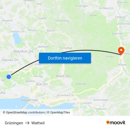 Grüningen to Wattwil map