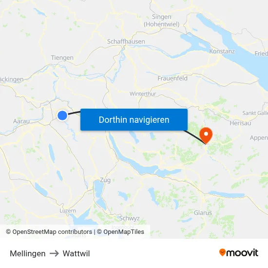Mellingen to Wattwil map