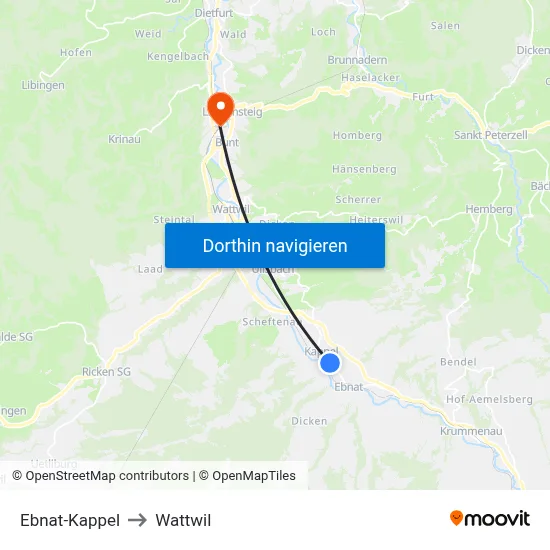 Ebnat-Kappel to Wattwil map