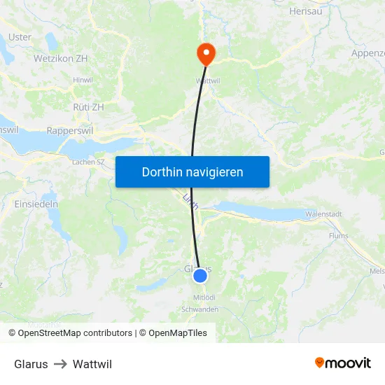 Glarus to Wattwil map