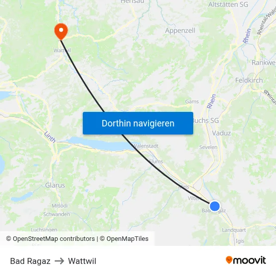 Bad Ragaz to Wattwil map