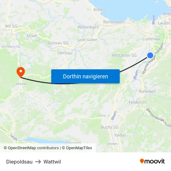 Diepoldsau to Wattwil map
