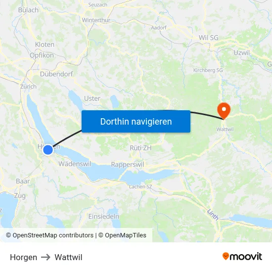 Horgen to Wattwil map