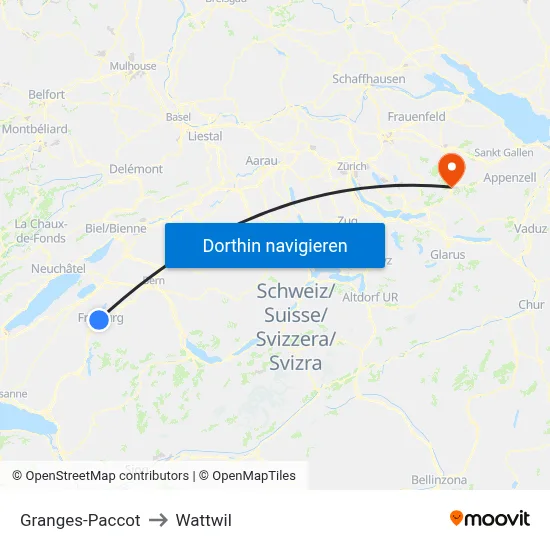 Granges-Paccot to Wattwil map