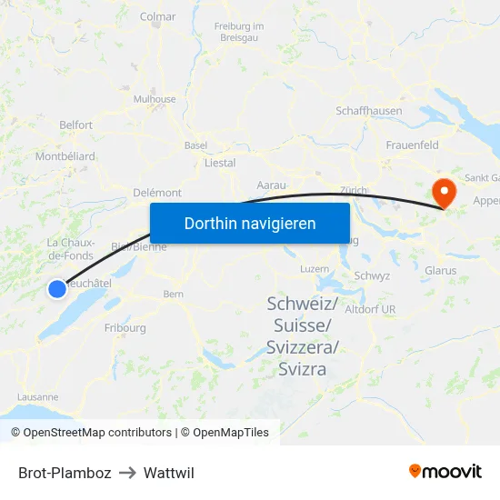 Brot-Plamboz to Wattwil map