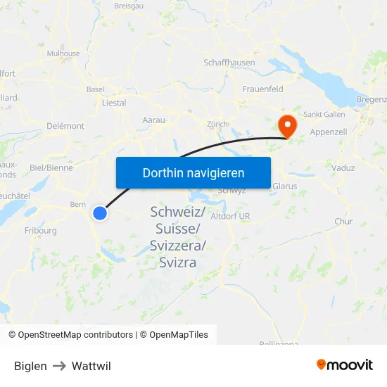 Biglen to Wattwil map