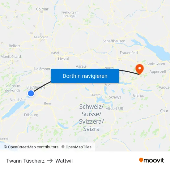 Twann-Tüscherz to Wattwil map