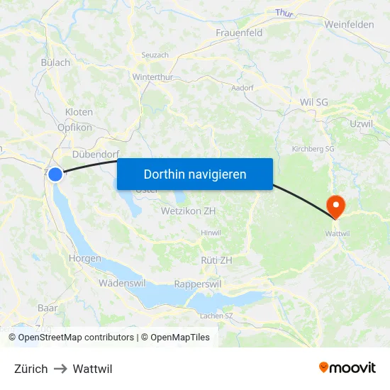 Zürich to Wattwil map