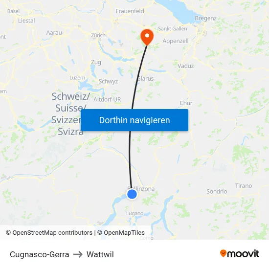 Cugnasco-Gerra to Wattwil map