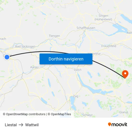 Liestal to Wattwil map