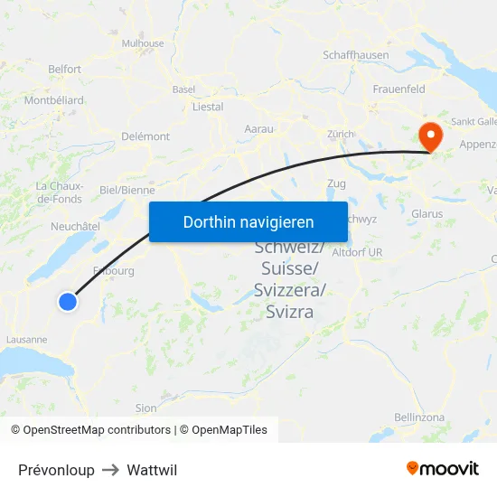 Prévonloup to Wattwil map