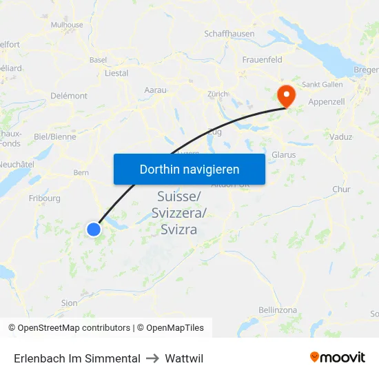 Erlenbach Im Simmental to Wattwil map