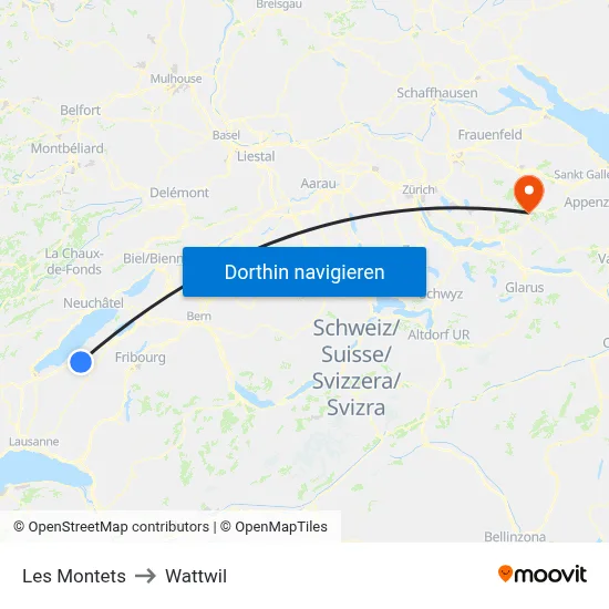 Les Montets to Wattwil map