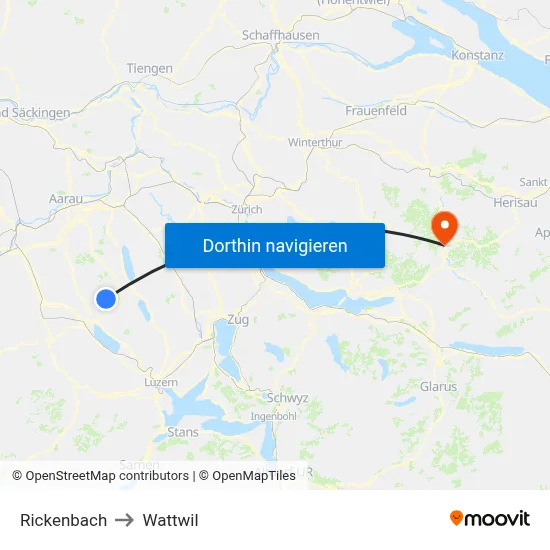 Rickenbach to Wattwil map