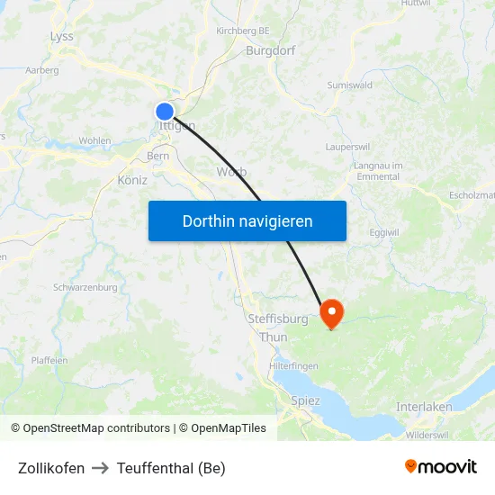 Zollikofen to Teuffenthal (Be) map