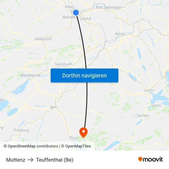 Muttenz to Teuffenthal (Be) map