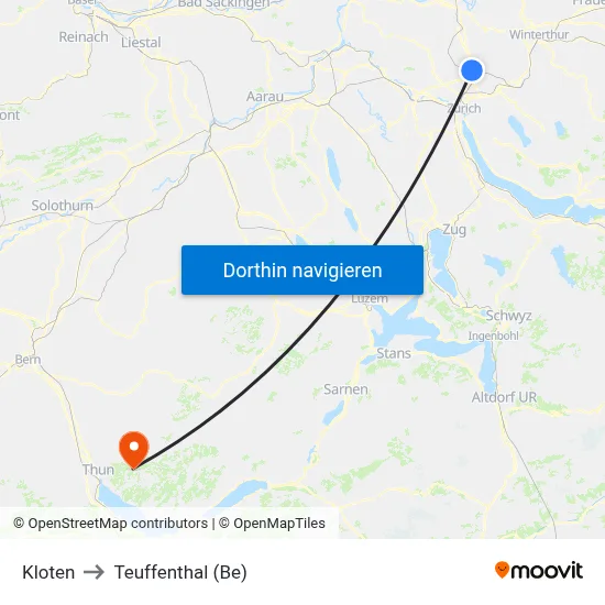 Kloten to Teuffenthal (Be) map