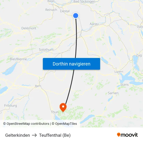 Gelterkinden to Teuffenthal (Be) map