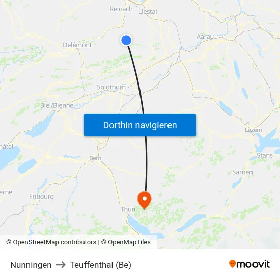 Nunningen to Teuffenthal (Be) map