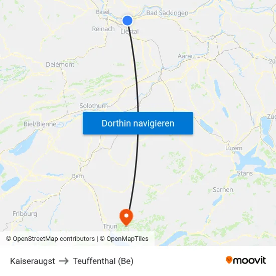 Kaiseraugst to Teuffenthal (Be) map