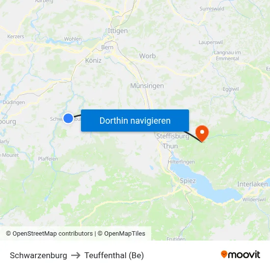 Schwarzenburg to Teuffenthal (Be) map